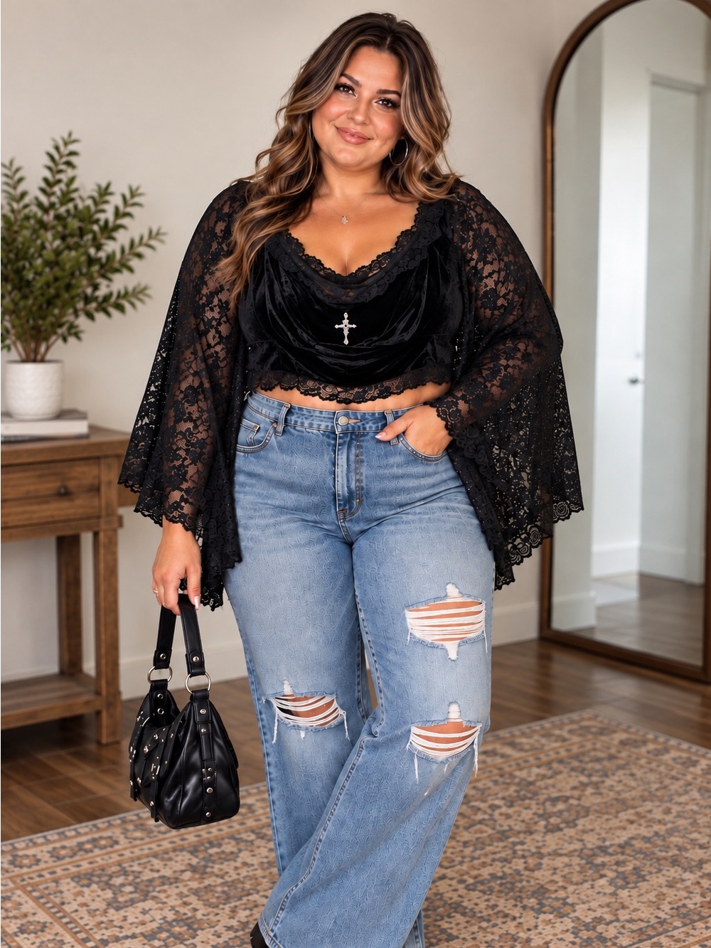 Black Velvet Lace Bell Sleeve Gothic Y2K Dark Academia Witchy Crop Top